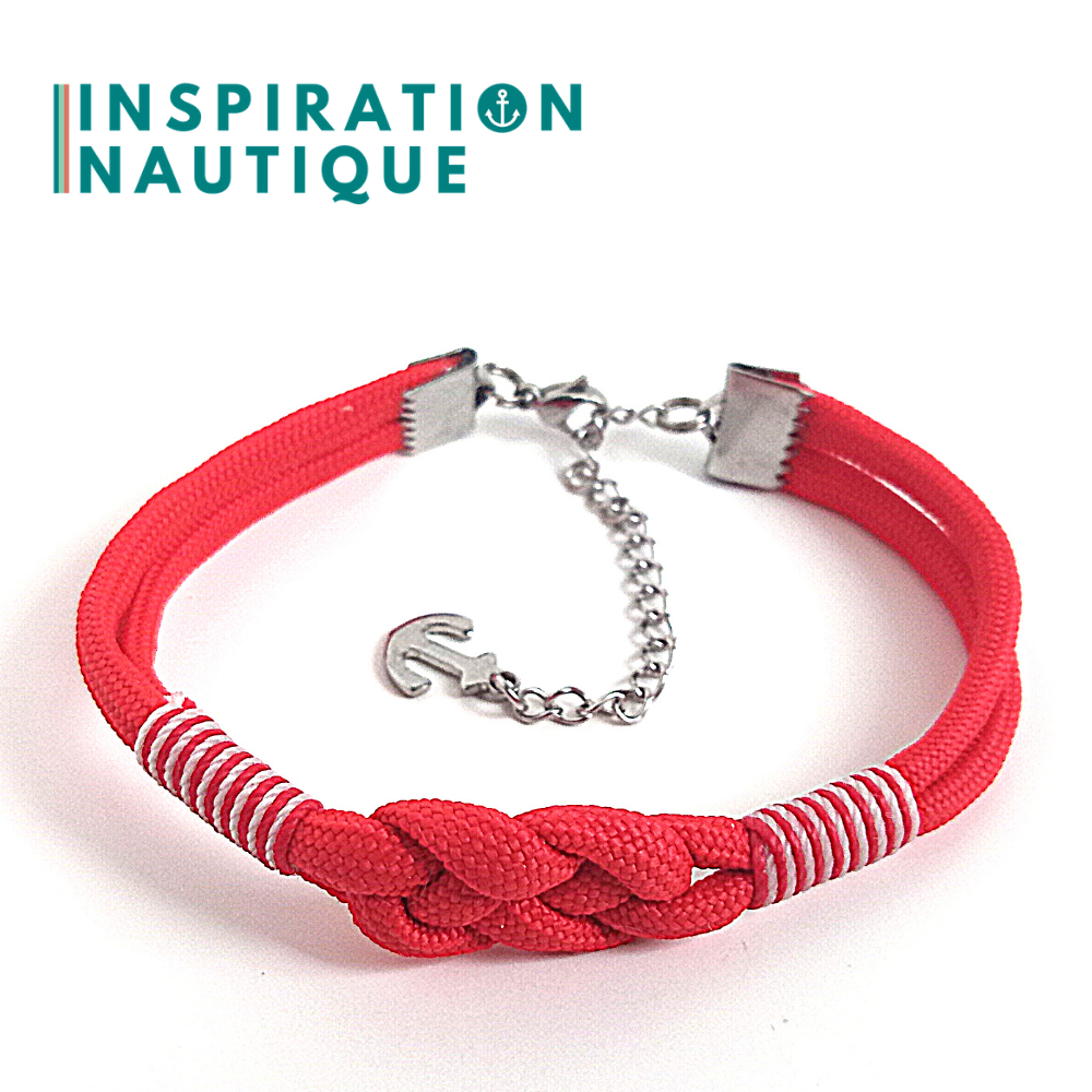 Bracelet marin avec noeud de carrick, unisexe, en paracorde 550 et acier inoxydable, Rouge