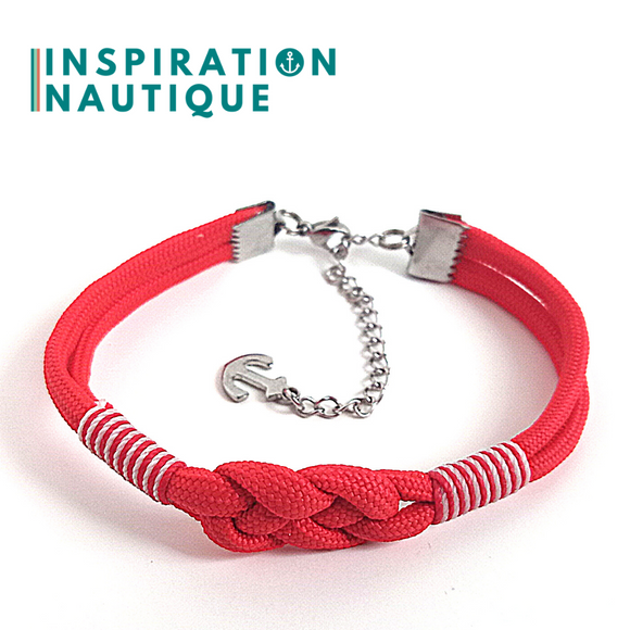 Prêt-à-partir | Bracelet marin avec noeud de carrick, unisexe, en paracorde 550 et acier inoxydable, Rouge, Surliures rouges et blanches, Medium