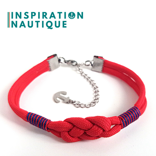 Bracelet marin avec noeud de carrick simple, en paracorde 550 et acier inoxydable, Rouge, Surliures marines et rouges, Medium