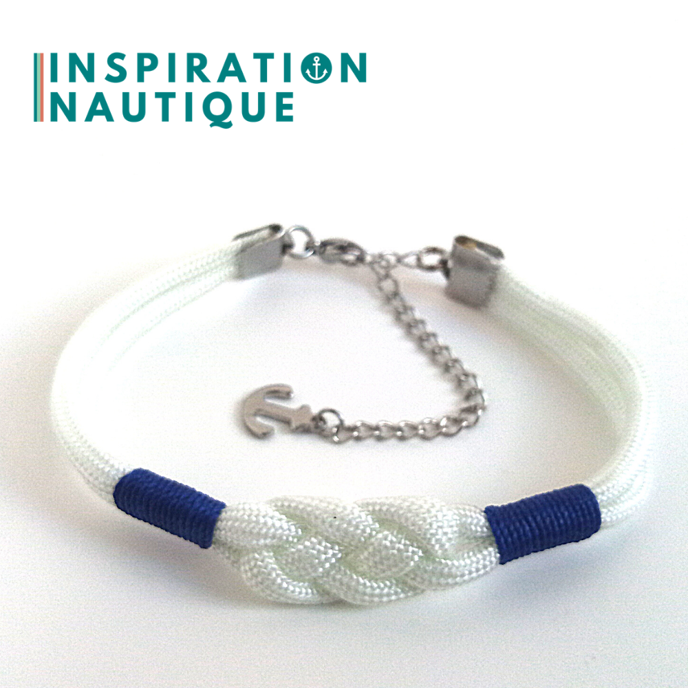 Bracelet marin avec noeud de carrick, unisexe, en paracorde 550 et acier inoxydable, Blanc