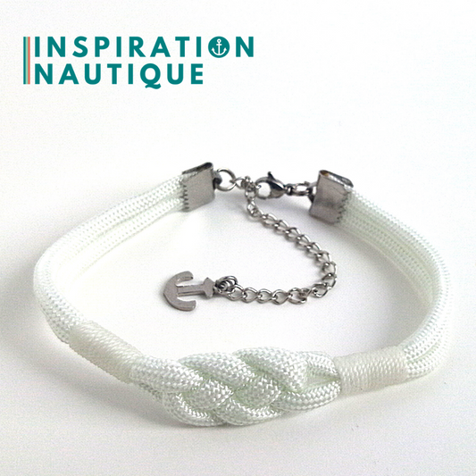 Bracelet marin avec noeud de carrick simple, en paracorde 550 et acier inoxydable, Blanc, Surliures blanches, Medium