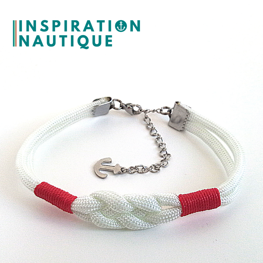 Bracelet marin avec noeud de carrick, unisexe, en paracorde 550 et acier inoxydable, Blanc