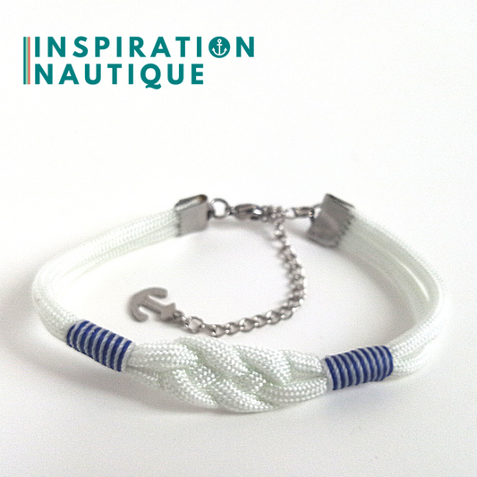 Bracelet marin avec noeud de carrick simple, en paracorde 550 et acier inoxydable, Blanc, Surliures marines et blanches, Medium