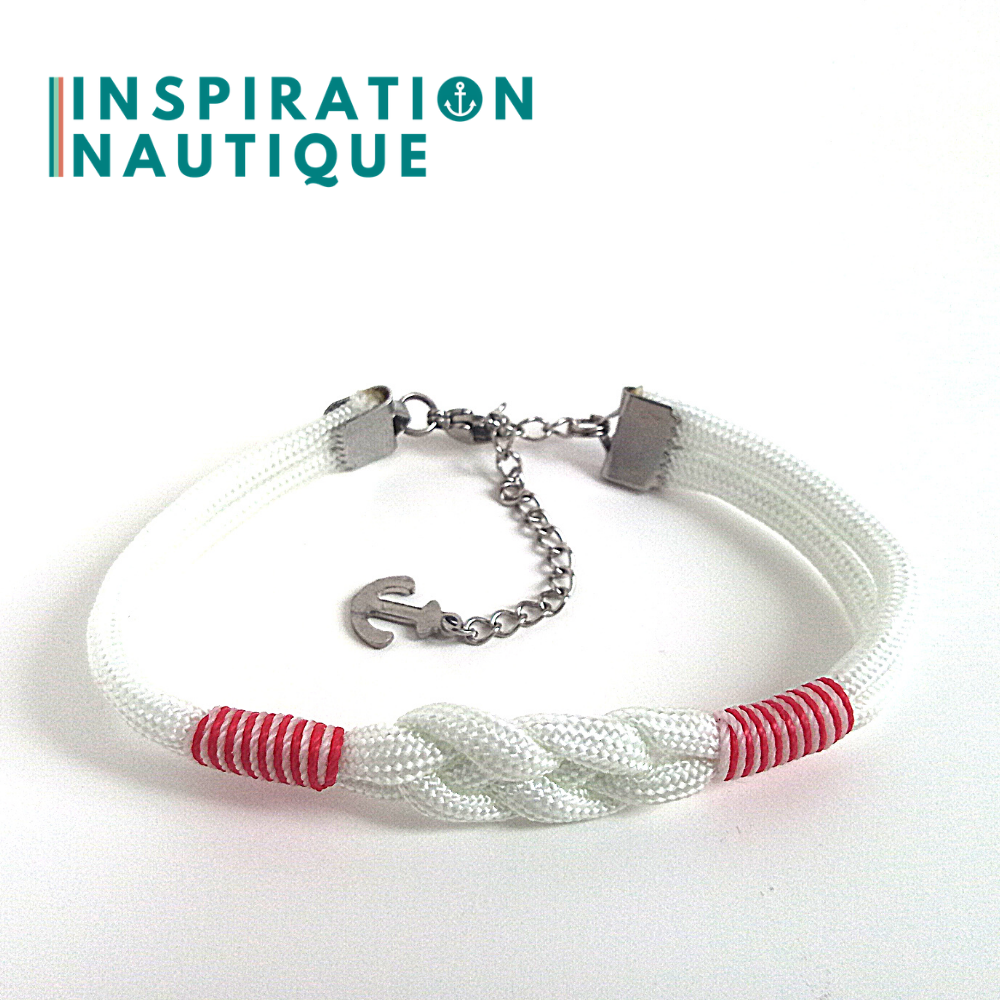 Bracelet marin avec noeud de carrick, unisexe, en paracorde 550 et acier inoxydable, Blanc