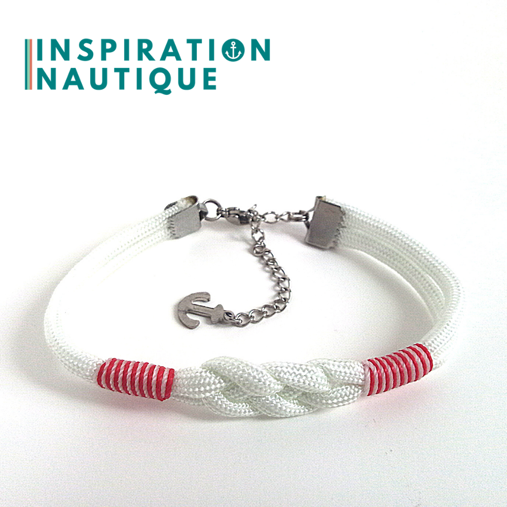 Bracelet marin avec noeud de carrick simple, en paracorde 550 et acier inoxydable, Blanc, Surliures rouges et blanches, Medium