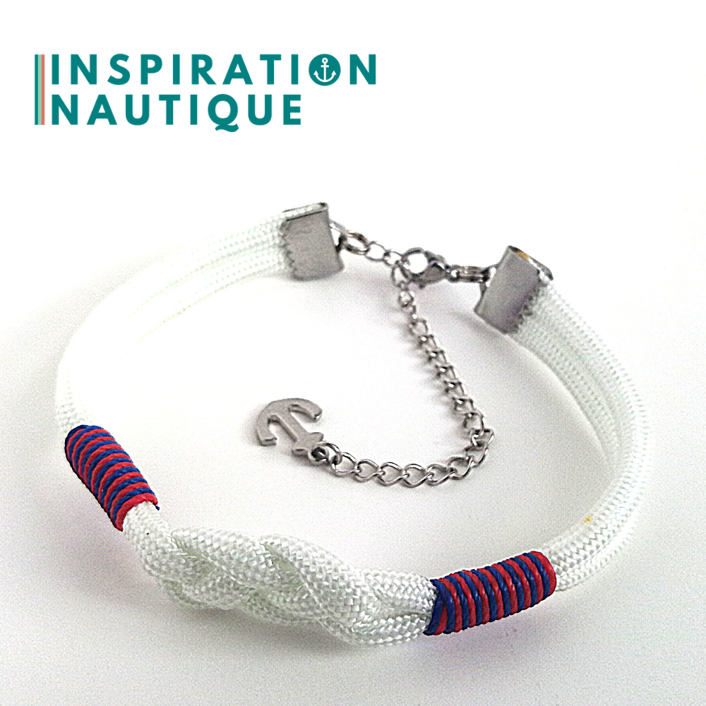 Bracelet marin avec noeud de carrick, unisexe, en paracorde 550 et acier inoxydable, Blanc