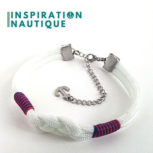Bracelet marin avec noeud de carrick simple, en paracorde 550 et acier inoxydable, Blanc, Surliures marines et rouges, Medium