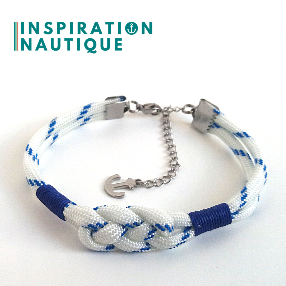 Bracelet marin avec noeud de carrick, unisexe, en paracorde 550 et acier inoxydable, Blanc avec traceur bleu