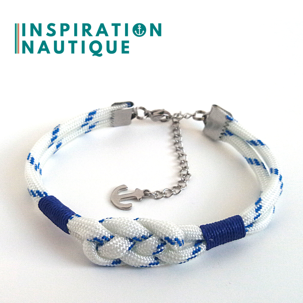 Bracelet marin avec noeud de carrick simple, en paracorde 550 et acier inoxydable, Blanc avec traceur bleu, Surliures marines, Medium