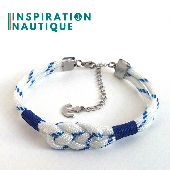 Prêt-à-partir | Bracelet marin avec noeud de carrick, unisexe, en paracorde 550 et acier inoxydable, Blanc avec traceur bleu, Surliures marines, Medium