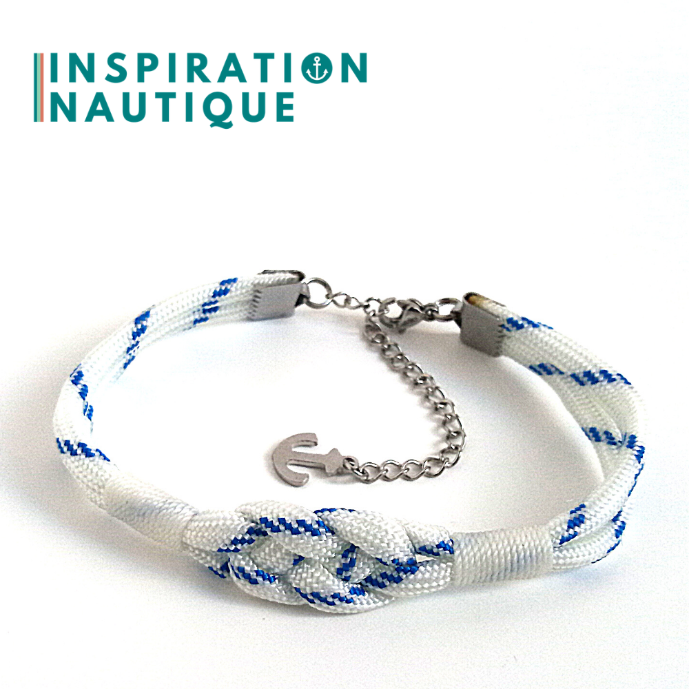 Bracelet marin avec noeud de carrick, unisexe, en paracorde 550 et acier inoxydable, Blanc avec traceur bleu