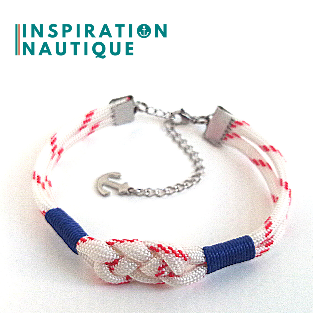 Bracelet marin avec noeud de carrick simple, en paracorde 550 et acier inoxydable, Blanc avec traceur rouge, Surliures marines, Medium
