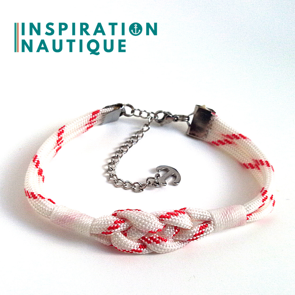 Bracelet marin avec noeud de carrick, unisexe, en paracorde 550 et acier inoxydable, Blanc avec traceur rouge