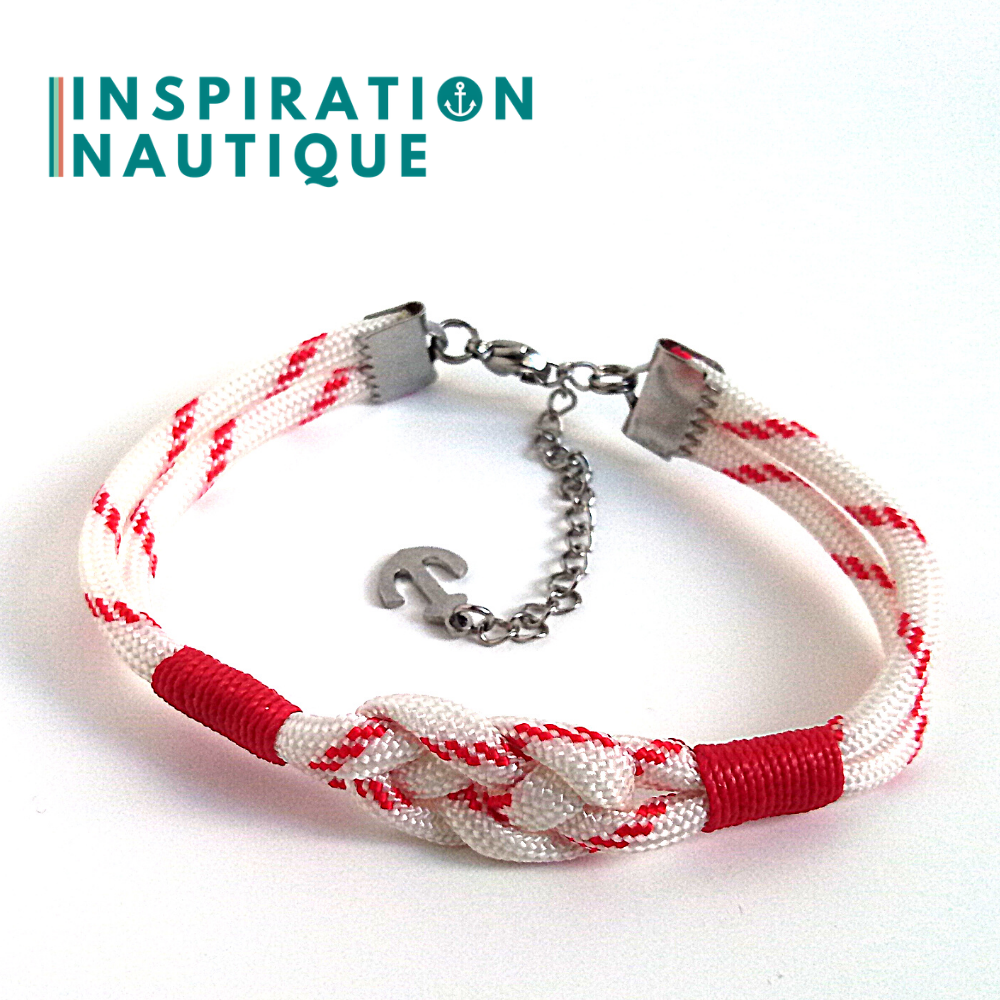 Bracelet marin avec noeud de carrick, unisexe, en paracorde 550 et acier inoxydable, Blanc avec traceur rouge