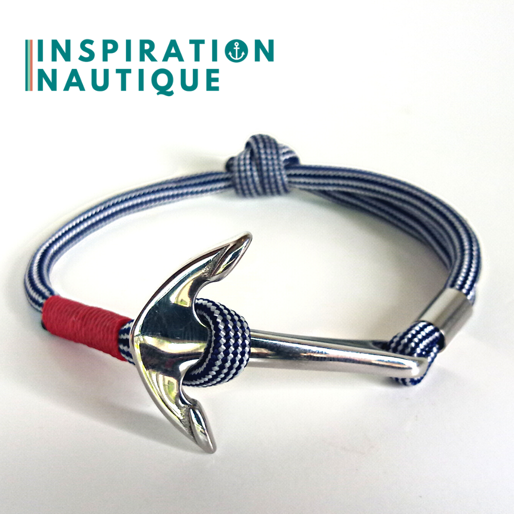 Bracelet marin avec ancre en paracorde 550 et acier inoxydable, ajustable, Marine et blanc, ligné