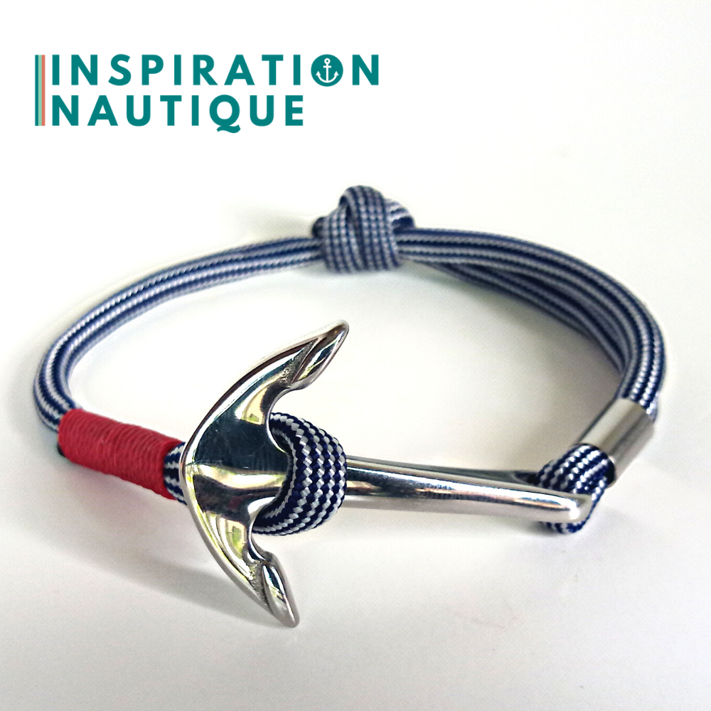 Bracelet marin avec ancre en paracorde 550 et acier inoxydable, ajustable, Marine et blanc, ligné, surliure rouge, Medium