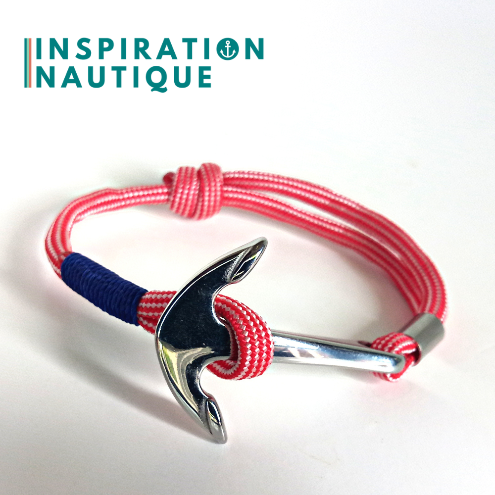 Bracelet marin avec ancre en paracorde 550 et acier inoxydable, ajustable, Rouge et blanc, ligné, surliure marine, Medium