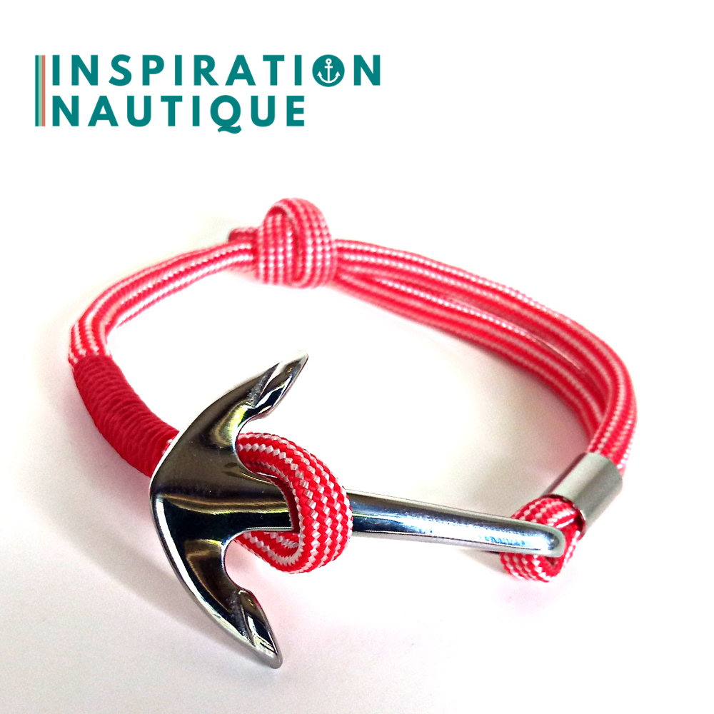 Bracelet marin avec ancre en paracorde 550 et acier inoxydable, ajustable, Rouge et blanc, ligné, surliure rouge, Medium