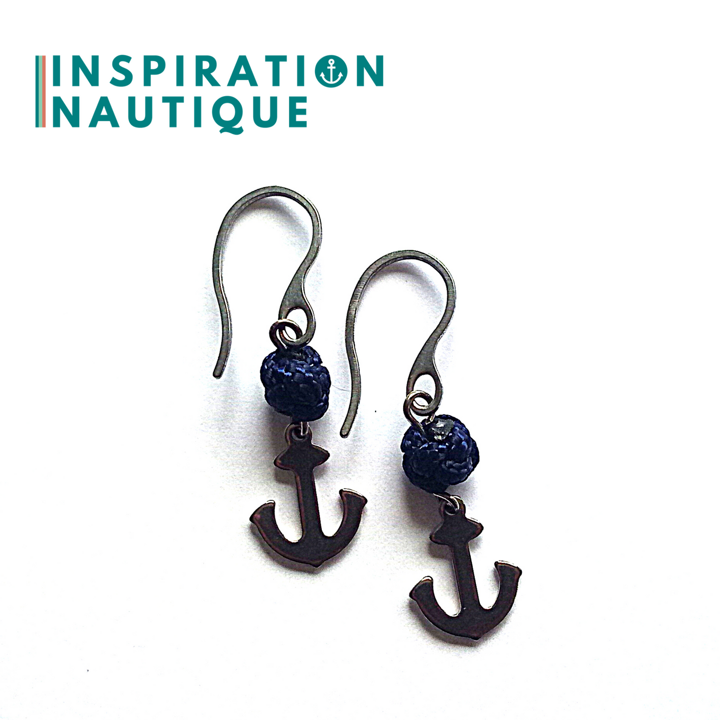 Boucles d'oreilles avec bille en corde et ancre en acier inoxydable, Marines