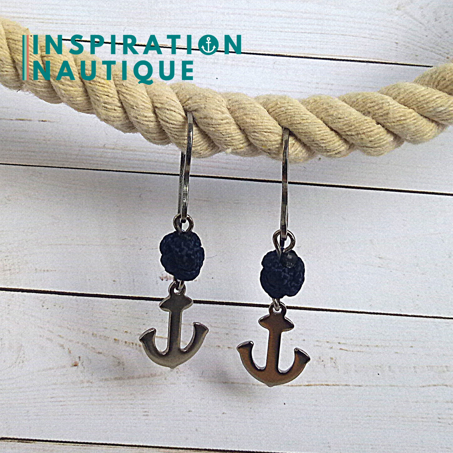 Boucles d'oreilles avec bille en corde et ancre en acier inoxydable, Marines