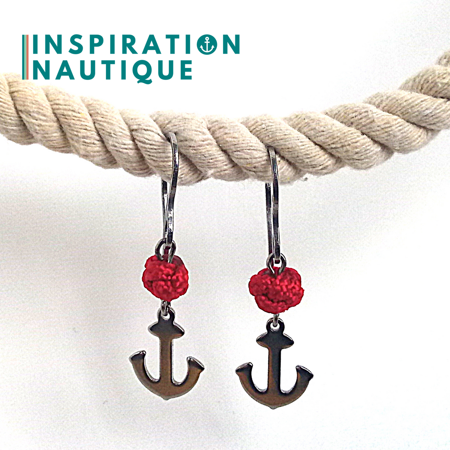 Boucles d'oreilles avec bille en corde et ancre en acier inoxydable, Rouges