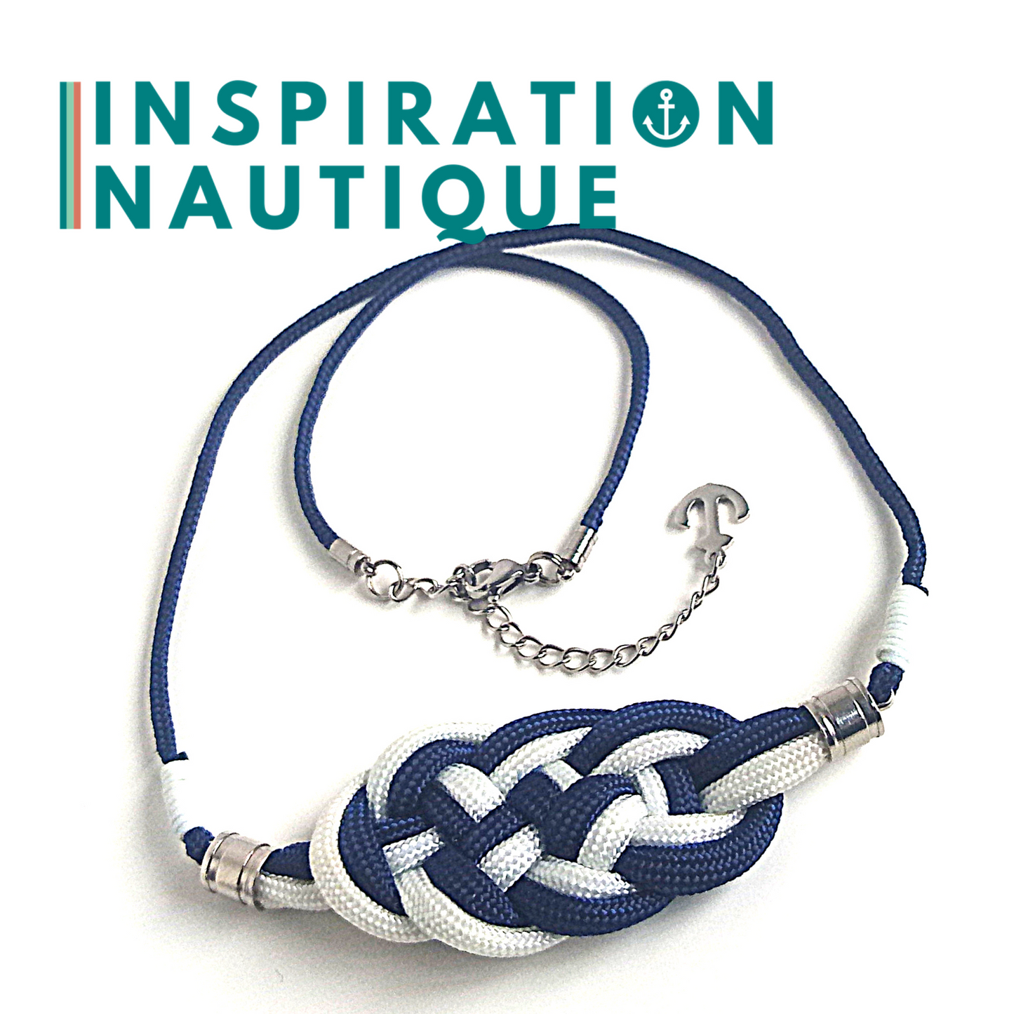 Collier marin avec noeud de carrick en paracorde et acier inoxydable, Marine et blanc