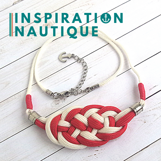 Collier marin avec noeud de carrick en paracorde et acier inoxydable, Rouge et blanc