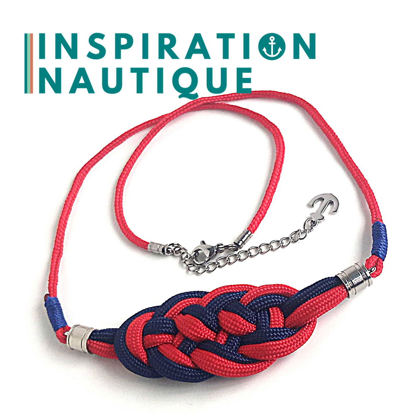 Collier marin avec noeud de carrick en paracorde et acier inoxydable, Marine et rouge