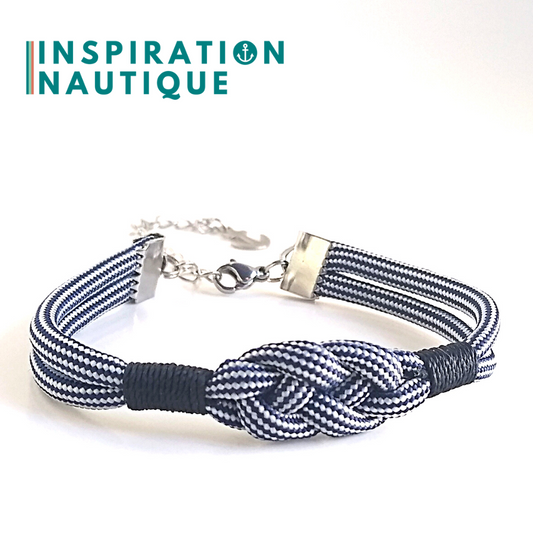 Bracelet marin avec noeud de carrick simple, en paracorde 550 et acier inoxydable, Marine et blanc ligné, surliure Marine, Medium