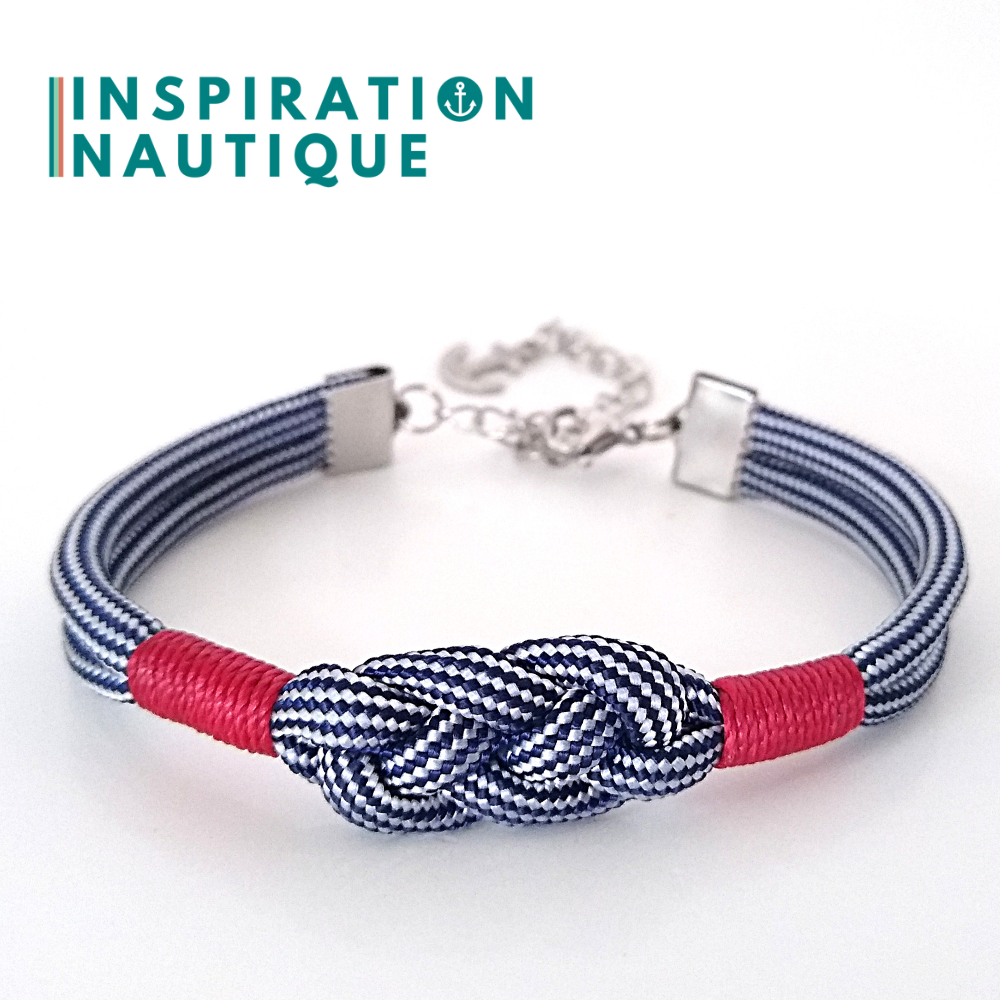 Bracelet marin avec noeud de carrick simple, en paracorde 550 et acier inoxydable, Marine et blanc ligné, surliure Rouge, Medium