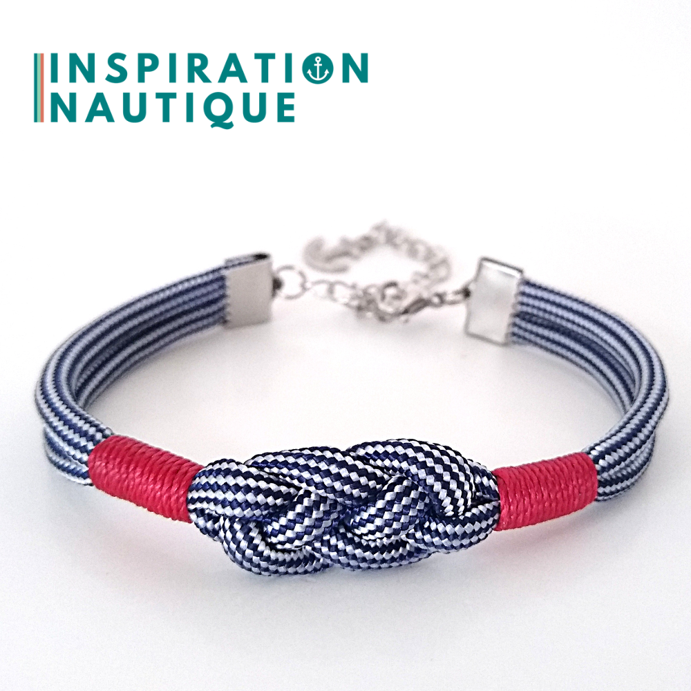 Bracelet marin avec noeud de carrick, unisexe, en paracorde 550 et acier inoxydable, Marine et blanc ligné