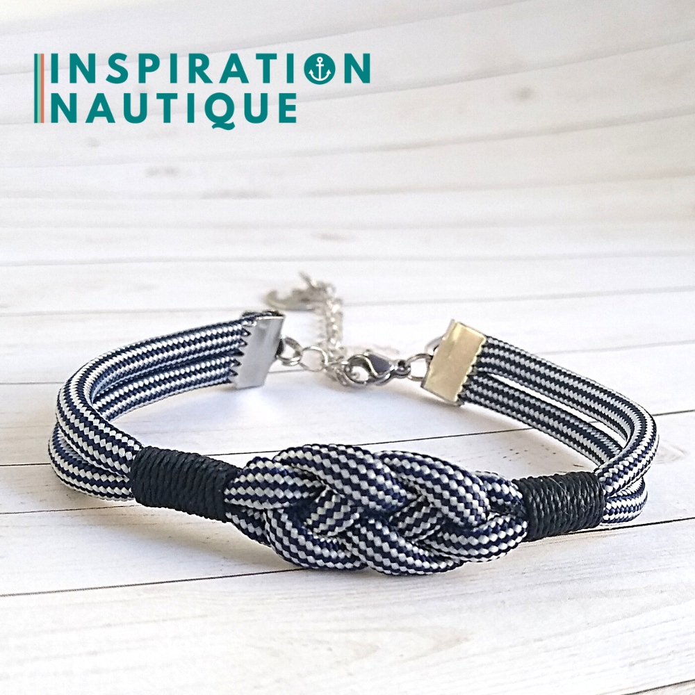 Bracelet marin avec noeud de carrick, unisexe, en paracorde 550 et acier inoxydable, Marine et blanc ligné