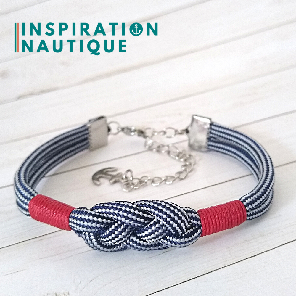 Bracelet marin avec noeud de carrick, unisexe, en paracorde 550 et acier inoxydable, Marine et blanc ligné