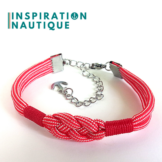 Bracelet marin avec noeud de carrick simple, en paracorde 550 et acier inoxydable, Rouge et blanc ligné, Surliures rouges, Medium
