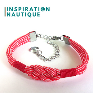 Prêt-à-partir | Bracelet marin avec noeud de carrick, unisexe, en paracorde 550 et acier inoxydable, Rouge et blanc ligné, Surliures rouges, Medium