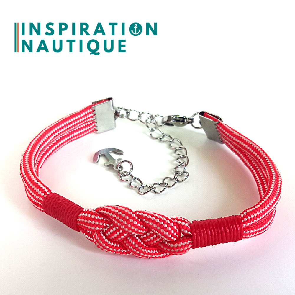 Bracelet marin avec noeud de carrick, unisexe, en paracorde 550 et acier inoxydable, Rouge et blanc ligné