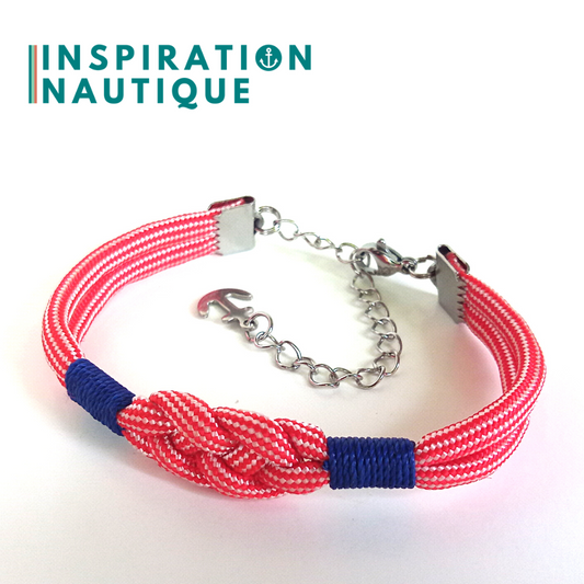 Ready to go | Marine bracelet with carrick knot, unisex, in 550 paracord and stainless steel, Red and white lined, Marine whippings, Medium