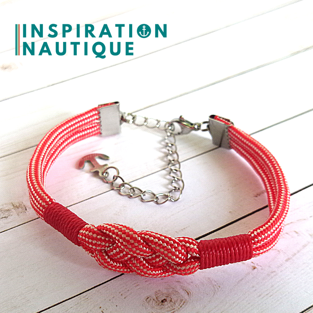 Bracelet marin avec noeud de carrick, unisexe, en paracorde 550 et acier inoxydable, Rouge et blanc ligné