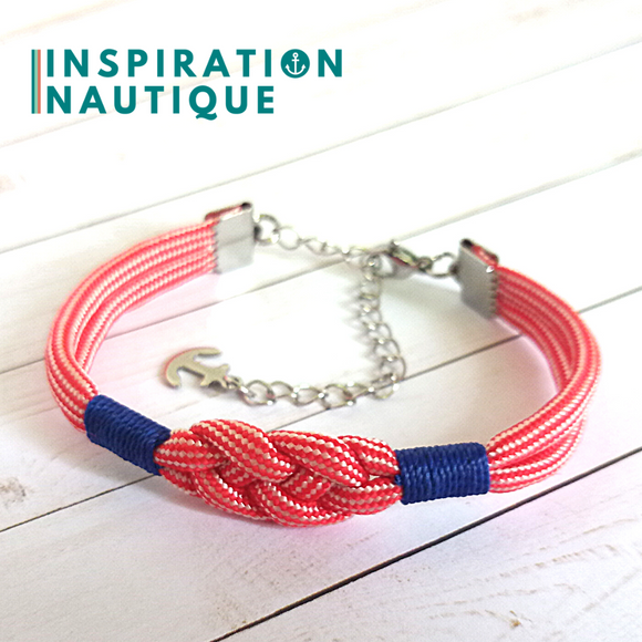 Bracelet marin avec noeud de carrick, unisexe, en paracorde 550 et acier inoxydable, Rouge et blanc ligné