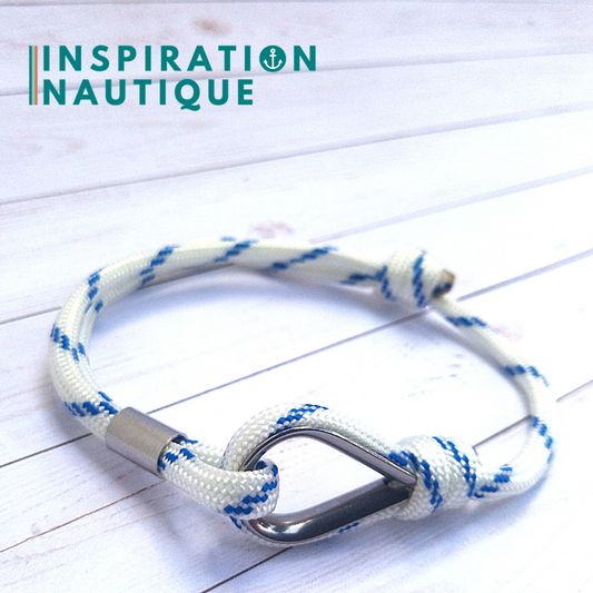 Bracelet marin avec cosse et noeud de pêcheur, Blanc avec traceur bleu