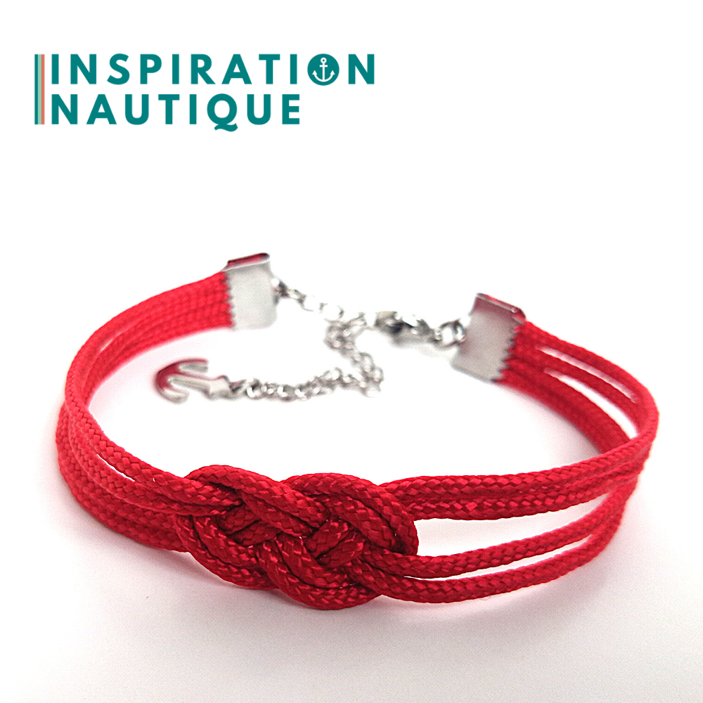 Bracelet marin avec mini noeud de carrick double unisexe, en petite paracorde et acier inoxydable, Rouge