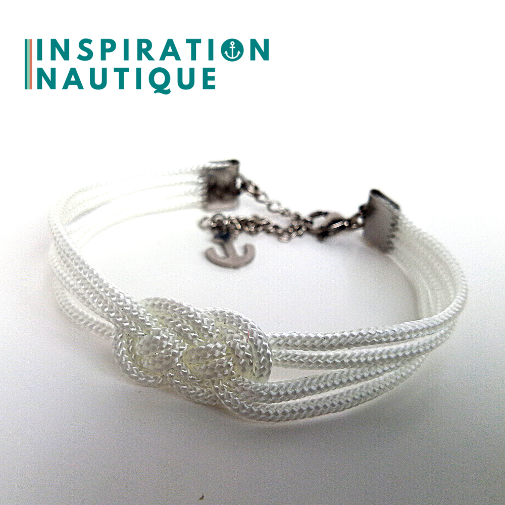 Bracelet marin avec mini noeud de carrick double, en petite paracorde et acier inoxydable, Blanc, Medium