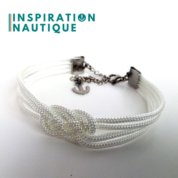 Prêt-à-partir | Bracelet marin avec mini noeud de carrick double unisexe, en petite paracorde et acier inoxydable, Blanc, Medium