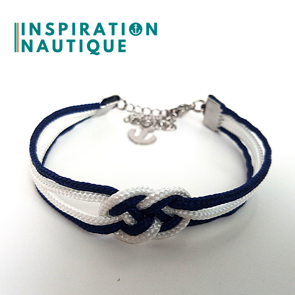 Bracelet marin avec mini noeud de carrick double, en petite paracorde et acier inoxydable, Marine et blanc, Medium