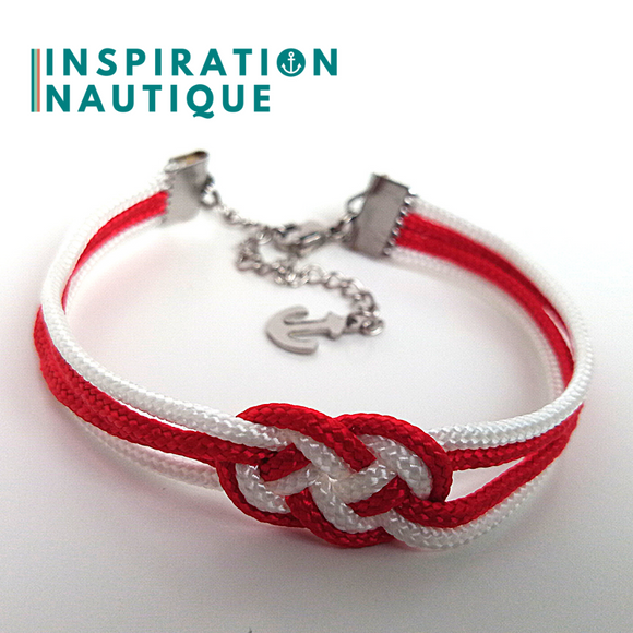 Prêt-à-partir | Bracelet marin avec mini noeud de carrick double unisexe, en petite paracorde et acier inoxydable, Rouge et blanc, Small