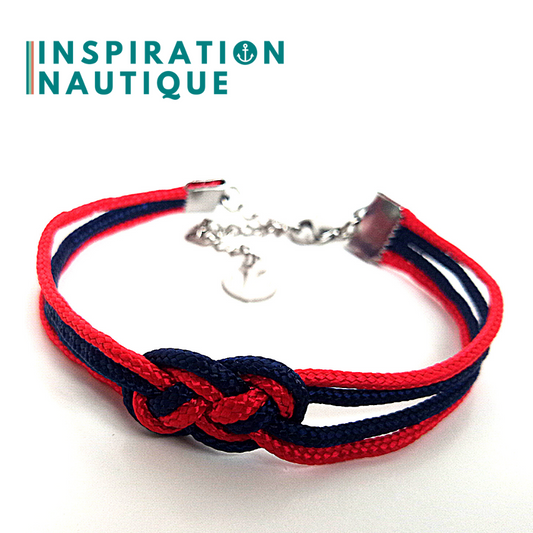 Bracelet marin avec mini noeud de carrick double, en petite paracorde et acier inoxydable, Marine et rouge, Small