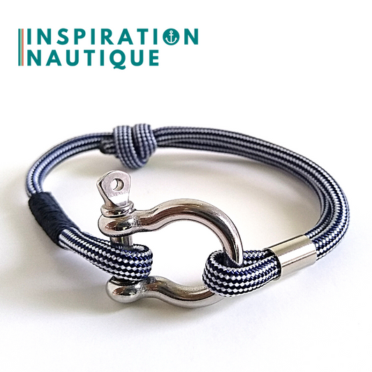Bracelet marin avec manille en paracorde 550 et acier inoxydable, ajustable, Marine et blanc ligné, surliure Marine, Medium