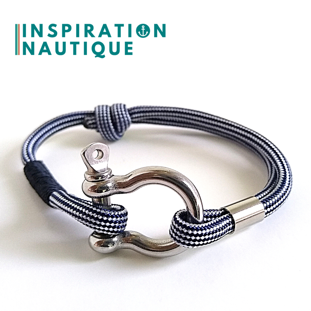 Bracelet marin avec manille en paracorde 550 et acier inoxydable, ajustable, Marine et blanc ligné