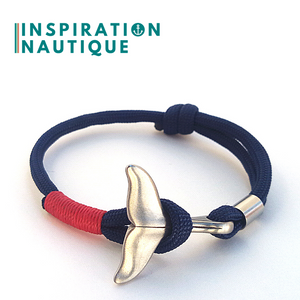 Prêt-à-partir | Bracelet marin avec queue de baleine pour femme ou homme en paracorde 550 et acier inoxydable, ajustable, Marine, surliure rouge, Small