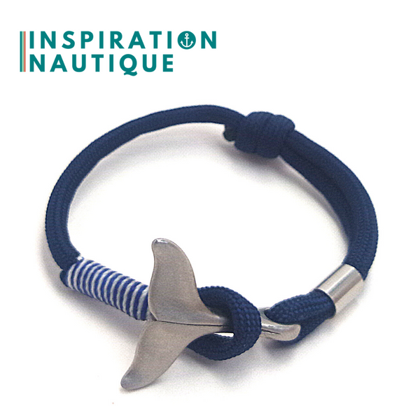 Prêt-à-partir | Bracelet marin avec queue de baleine pour femme ou homme en paracorde 550 et acier inoxydable, ajustable, Marine, surliure marine et blanche, Small